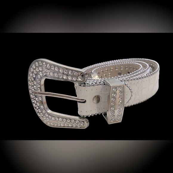 DNA Premium White & Silver Diamond Rhinestone Cowgirl Crocodile Belt - Picture 5 of 13